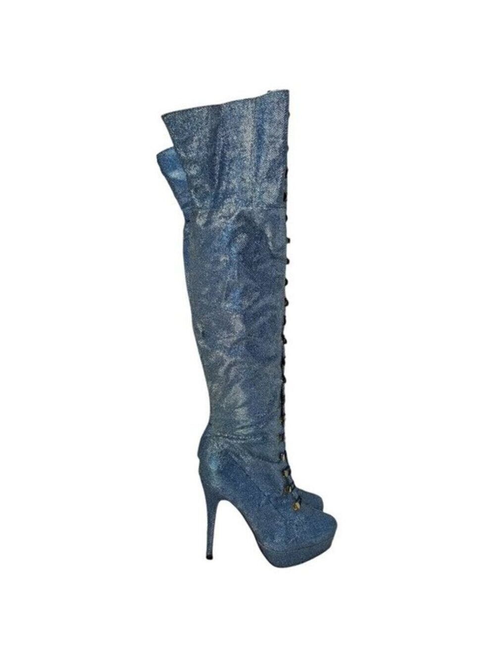 Ami Clubwear Metallic Blue Glitter Knee-High Platform Heel Boots Sparkle Size 9
